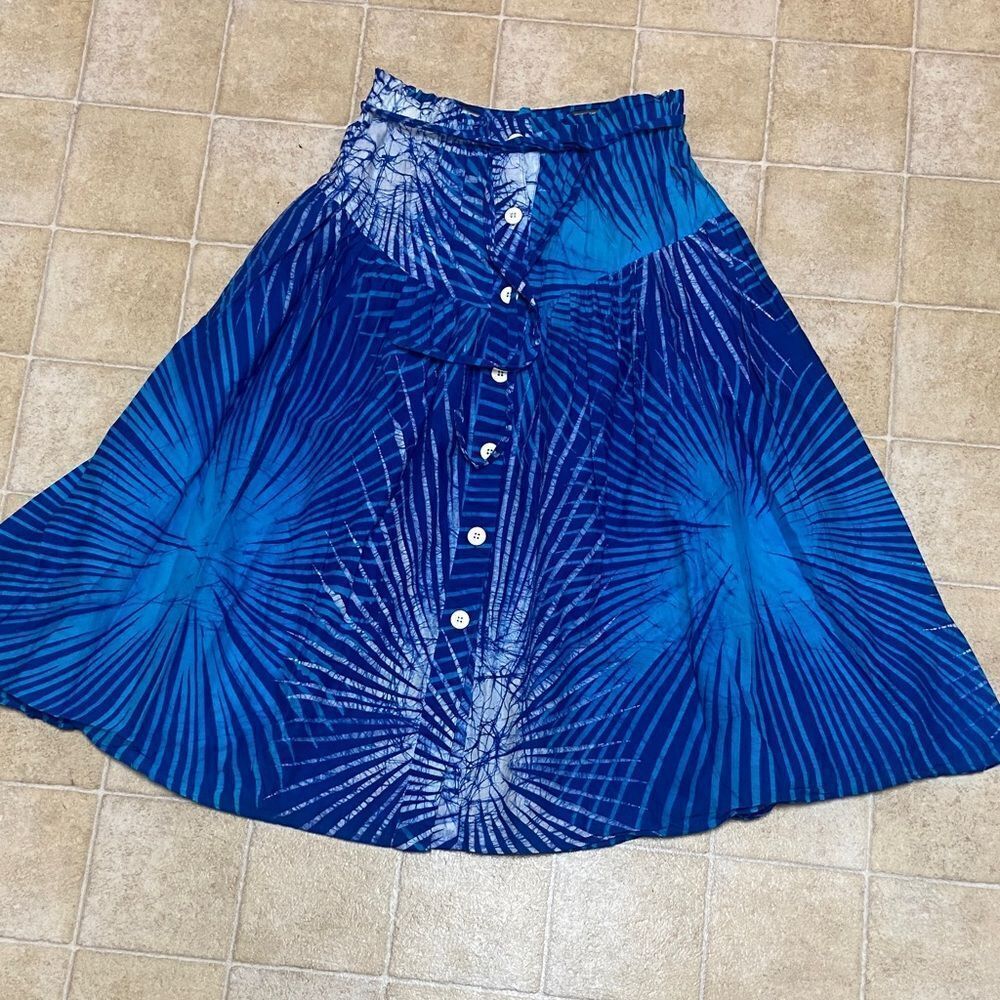 Vintage Caribelle Batik Elegant Blue Tie-Dye A-Line Skirt Elastic Wsist Size M